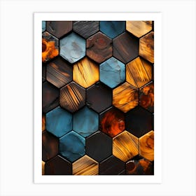 Hexagonal wooden tiles in a rich color palette, featuring deep browns, vibrant oranges, and cool blues. Art Print