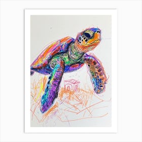 Sea Turtle Rainbow Crayon Scribble White Background Art Print