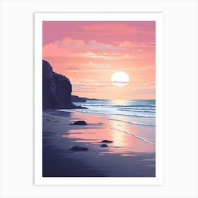 Illustration Of Gwithian Beach Cornwall In Pink Tones 2 Art Print