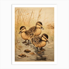 Ducklings In The Water Japanese Woodblock Style 6 Art Print