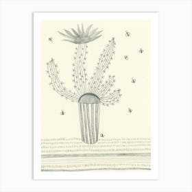 Blossoming Cactus - pencil graphite detailed drawing Art Print