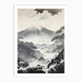 Mount Gassan In Yamagata, Ukiyo E Black And White Line Art Drawing 4 Art Print