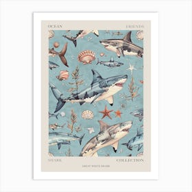 Pastel Blue Great White Shark Watercolour Seascape 3 Poster Art Print