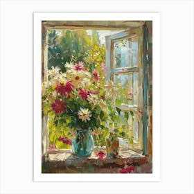 Dahlia Flowers On A Cottage Window 4 Art Print