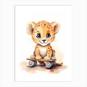 Baby Cheetah On Toy Car, Watercolour Nursery 0 Art Print