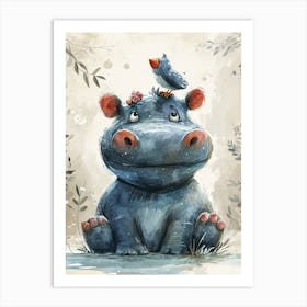 Hippo And Bird Art Print