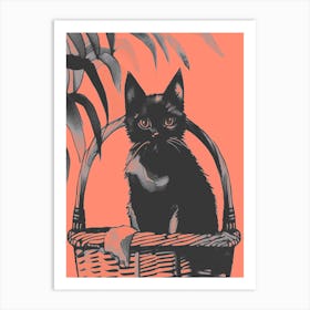 Black Kitty Cat In A Basket Peach Art Print