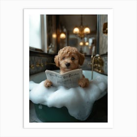 Photo Of An Adorable Golden Doodle Puppy Lying In The Foam Filled Bathtub Reading The New York Times Newspaper With Its Paws Holding Onto The Pages And Eyes Sparkling With Curiosity Art Print