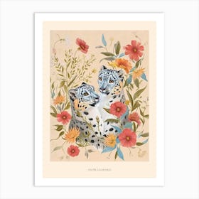 Folksy Floral Animal Drawing Snow Leopard 2 Poster Art Print