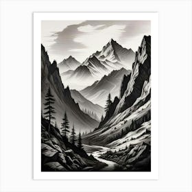 Monochrome Mountain Landscape Art Print (7) Art Print