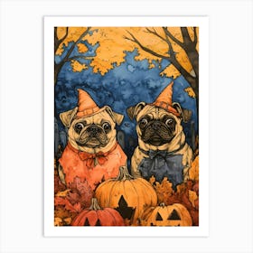 Halloween Pugs Watercolor 2 Art Print