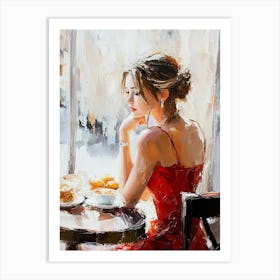 A Girl In A Red Dress Is Sitting In A Cafe Art Print