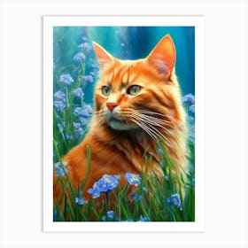 Orange Cat In Blue Flowers Art Print