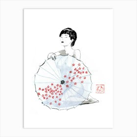 Geisha Nude Behind Umbrella 02 Art Print