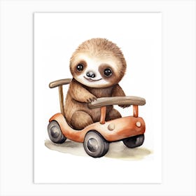 Baby Sloth On A Toy Car, Watercolour Nursery 0 Art Print