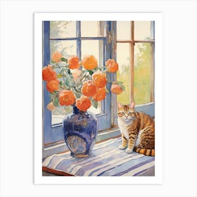 Cat With Camelia Flowers Watercolor Mothers Day Valentines 3 Art Print