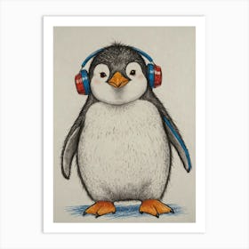 Penguin With Headphones 3 Art Print