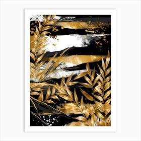 Gold Leaves On Black Background 10 Art Print