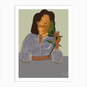 Girl With Sundlfower In Blue 1 Art Print