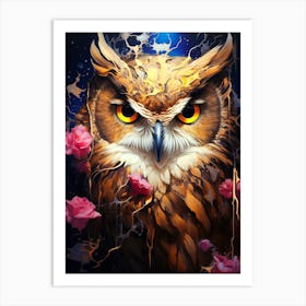 Owl With Roses 1 Art Print