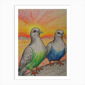 Pigeons At Sunset Art Print