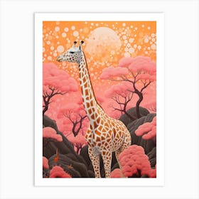 Giraffe In The Nature With Trees Pink 6 Art Print
