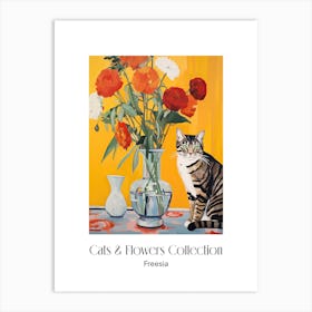 Cats & Flowers Collection Freesia Flower Vase And A Cat, A Painting In The Style Of Matisse 2 Art Print