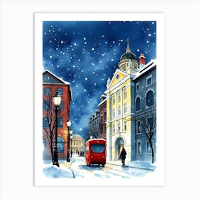 Winter Street Scene With Red Bus Art Print