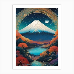 Mt Fuji Japan - Mount Fuji Trippy Abstract Cityscape Iconic Wall Decor Visionary Psychedelic Fractals Fantasy Art Cool Full Moon Third Eye Space Sci-fi Awesome Futuristic Ancient Paintings For Your Home Gift For Him Art Print