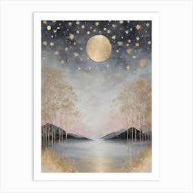 Wabi Sabi Dreams Collection 9 - Japanese Minimalism Abstract Moon Stars Mountains and Trees in Pale Neutral Pastels And Gold Leaf - Soul Scapes Nursery Baby Child or Meditation Room Tranquil Paintings For Serenity and Calm in Your Home Art Print