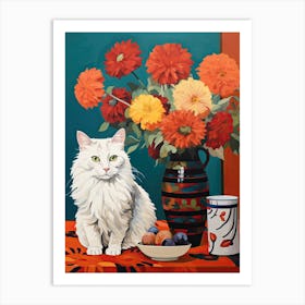 Chrysanthemum Flower Vase And A Cat, A Painting In The Style Of Matisse 2 Art Print