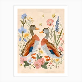 Folksy Floral Animal Drawing Duck 3 Art Print