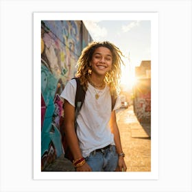 Portrait Of A Teenager Exuding A Cheerful Vibe Street Style Fashion Casual Stance Amidst Urban Bac 1 Art Print