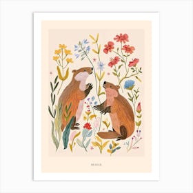 Folksy Floral Animal Drawing Beaver Poster Art Print