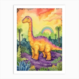 Pastel Rainbow Plateosaurus Dinosaur At Sunset Art Print