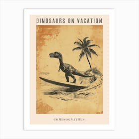 Vintage Compsognathus Dinosaur On A Surf Board 3 Poster Art Print