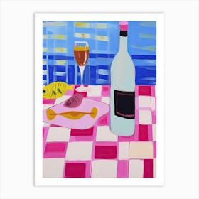 Painting Of A Table With Food And Wine, French Riviera View, Checkered Cloth, Matisse Style 5 Art Print