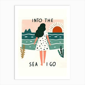 Into The Sea I Go, sunset, white dress woman Art Print