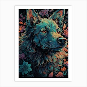 Wolf With Flowers Art Print