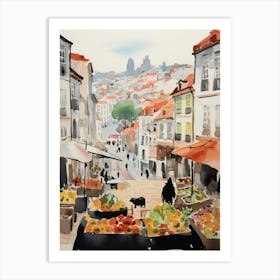 Food Market With Cats In Lisbon 3 Watercolour Art Print