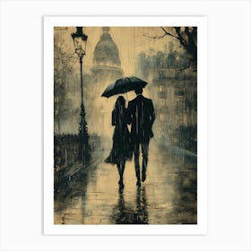 Couple Walking In The Rain, Romantic Monochrome Charcoal style Poster