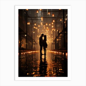 Couple Kissing In The Rain.LED Love Story: 'Dance With Me' in a Luminous Dream. Art Print