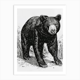 Malayan Sun Bear Standing In A Forests Ink Illustration 3 Art Print