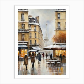 Paris cafes, winter season, Christmas, autumn oil colors, pale colors, pedestrians in the street, winter clothes, falling snow.Christmas decorations.2 1 Art Print