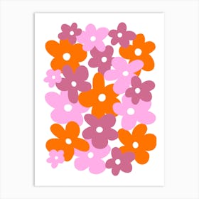 Retro 70’s Pink and Orange Flowers On A White Background Art Print