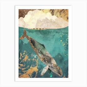 Whale Ocean Painting Gold Blue Effect Collage 1 Art Print