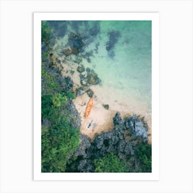 Sandy Beach, A Boat, Sea, Top View, Oil Painting Art Print