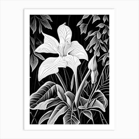 White Trillium Wildflower Linocut 1 Art Print