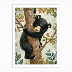 American Black Bear Cub Climbing A Tree Storybook Illustration 3 Art Print