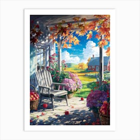 Anime Canvas Art: Rustic Autumn Porch with Apples, Vibrant Flowers, and Rolling Fields, Perfect for Lofi Aesthetic and Cozy Nature Art Lovers. Art Print